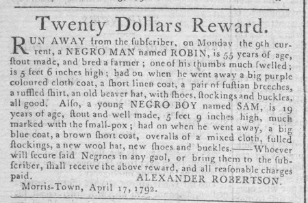 1792 New Jersey advertisement to recover escaped slaves Robin and Sam.